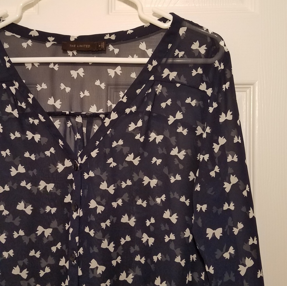 🍎3/$10 The Limited sheer navy tie blouse with white bows